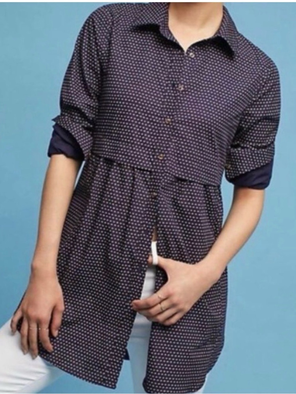 Anthropologie Maeve Navy and Dot Tunic length Button-down classic flattering SzM - Picture 2 of 6